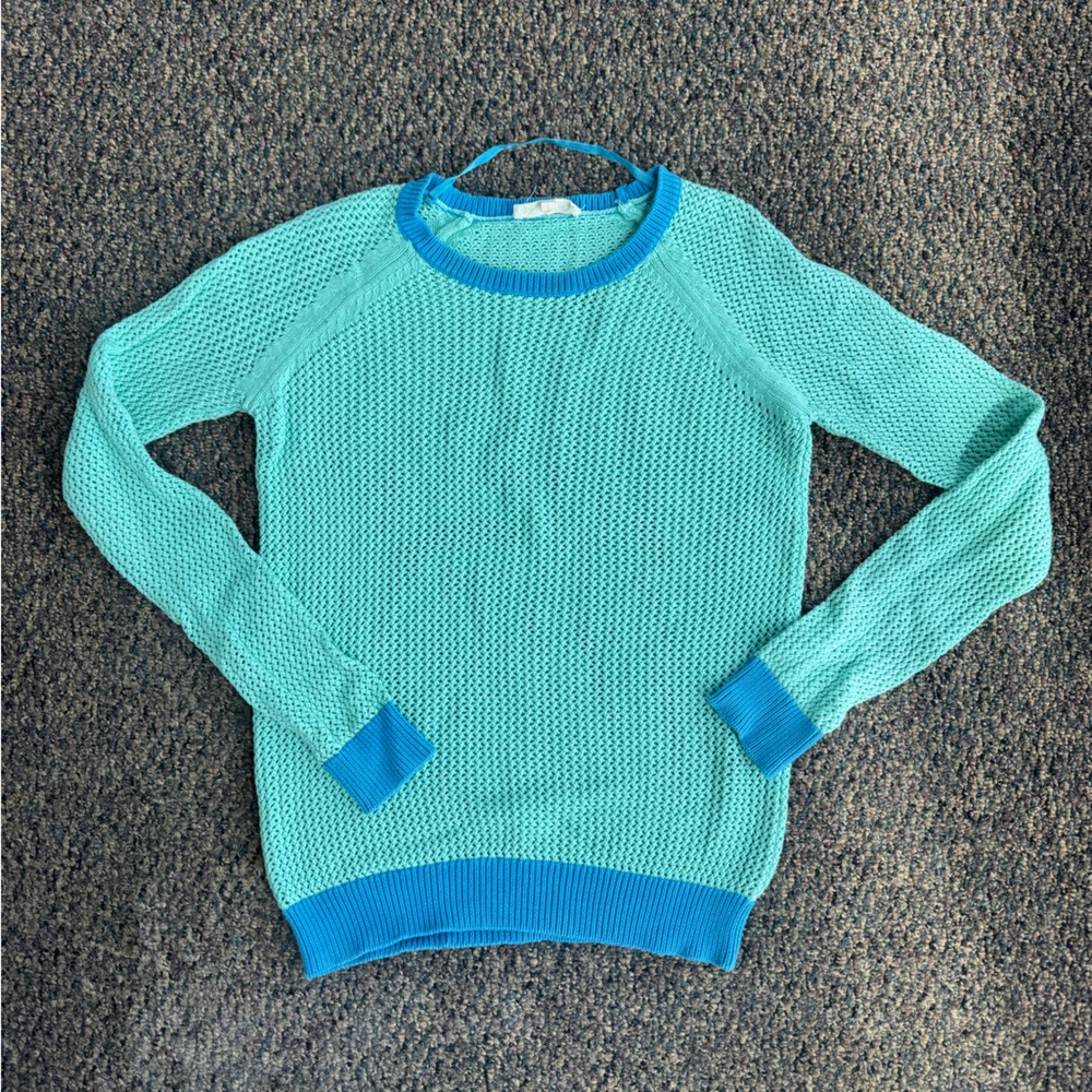 Turo by Vince Camuto Blue Teal Aqua Mesh Knit Colorblock Sweater